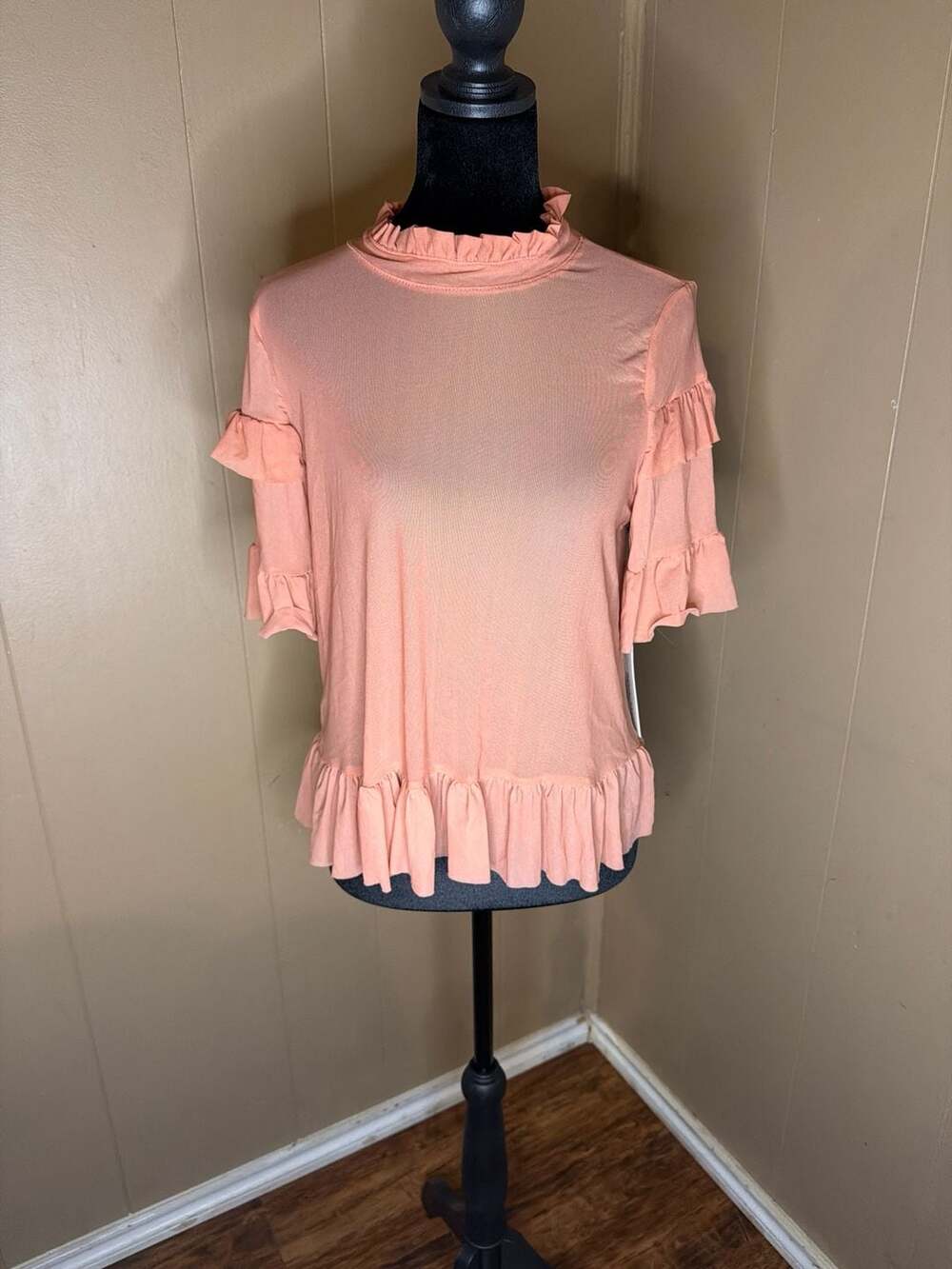 Haute Monde Young Contemporary Ruffle Mock Neck Mesh Top in Peach